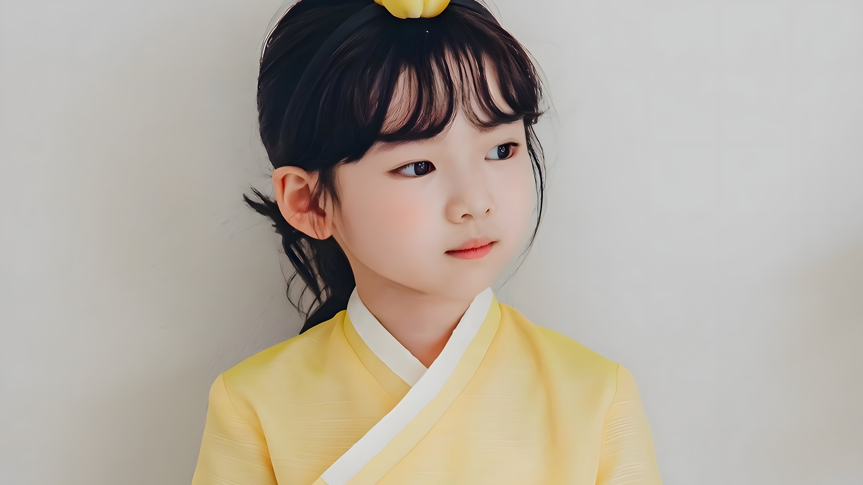 A young Korean child in soft yellow hanbok with a small flower crown, sitting quietly in warm light.