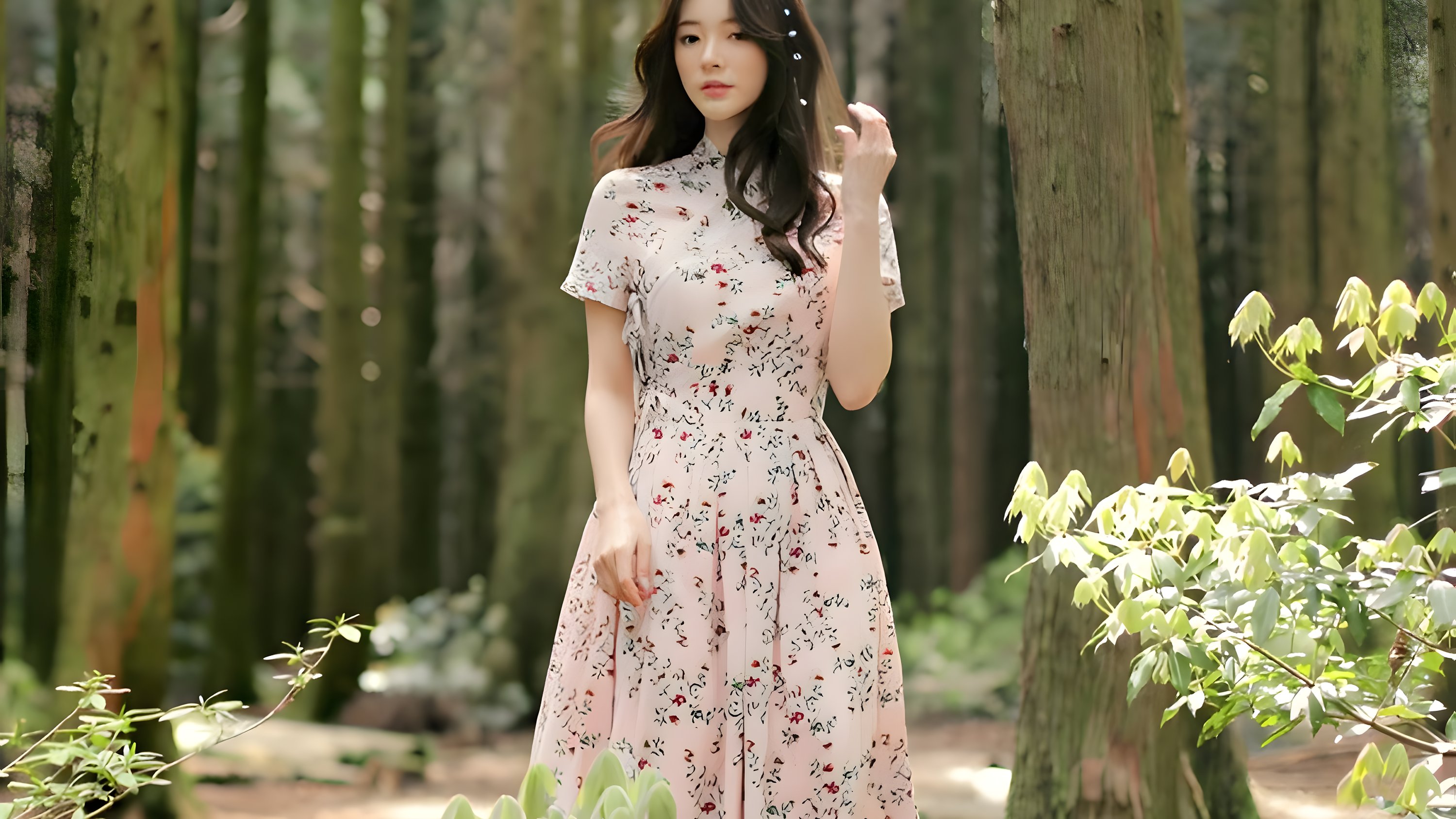 A woman in floral hanbok on a forest path in warm autumn light, the harvest-holiday register.