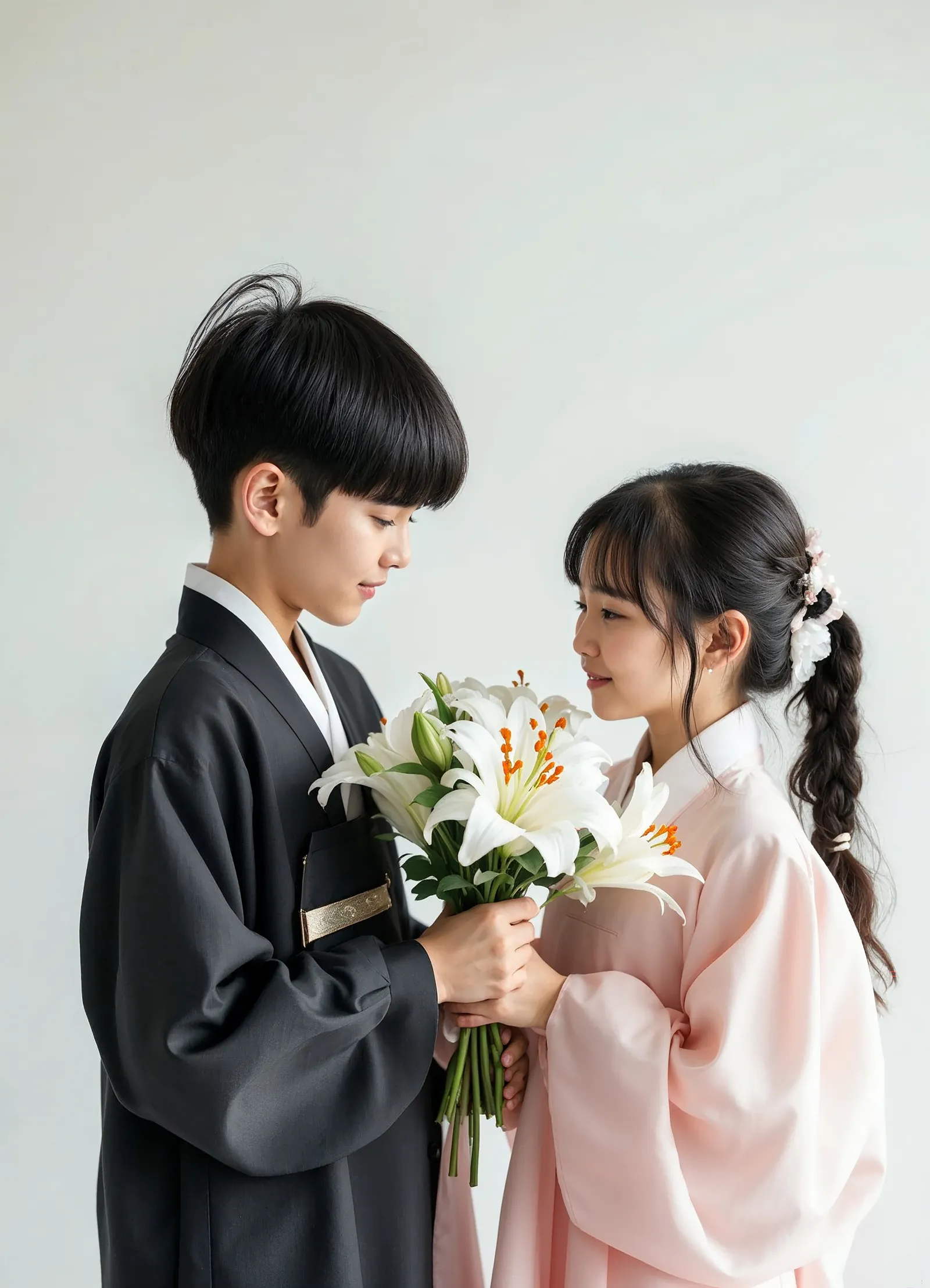 A young couple in hanbok, she holds white lilies