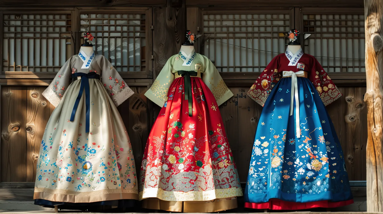 Three embroidered hanbok displayed against a carved wooden lattice wall